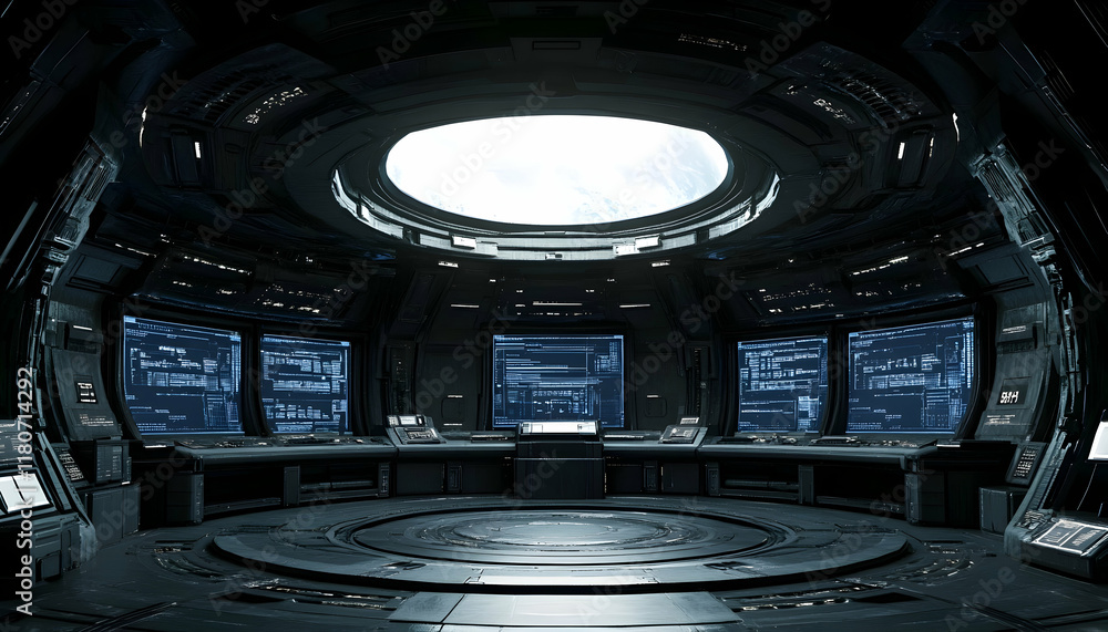 Aufkleber futuristic spaceship bridge control room interior, featuring multiple monitors displaying code, a ci