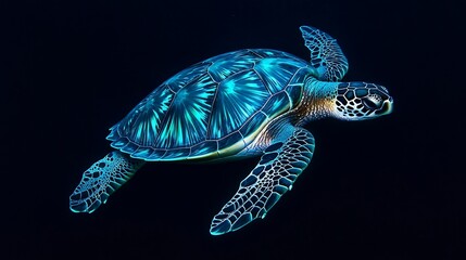 A vibrant green sea turtle swims in dark ocean water.