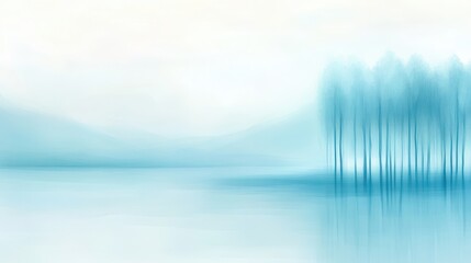 Fototapeta premium A blue and white landscape with a body of water and trees