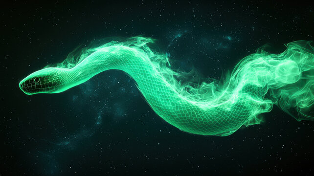 The art of year snake concept, glowing green snake depicted as wave of energy in space