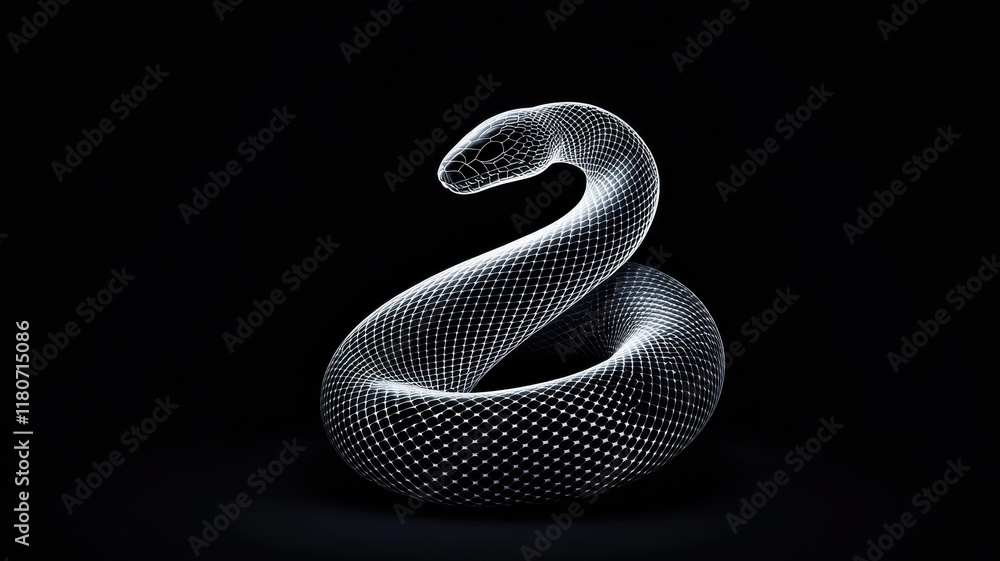 Poster the art of year snake concept, minimalistic snake design with wireframe appearance on dark backgroun