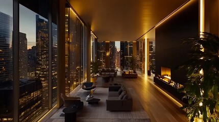 Luxurious apartment with city views at night, featuring modern furniture and warm lighting.