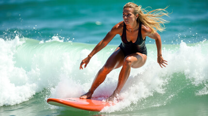 Young woman surfing ocean wave, riding orange board, wearing black swimsuit, skillfully balancing, water splashing, sunny day, blue water, outdoor adventure