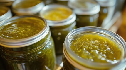 Several jars of homemade green relish, tightly sealed. Perfect for illustrating canning, preserving, or homemade food concepts.