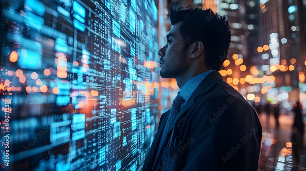 Poster digital finance professional or trader merged with real time market data and reflections of a modern
