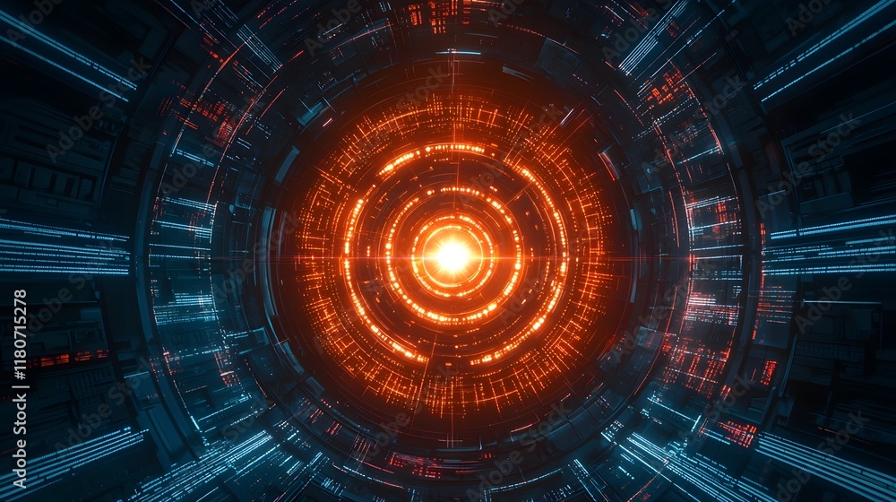 Poster captivating high tech digital vortex with radiating luminous lines and a glowing convergent center c