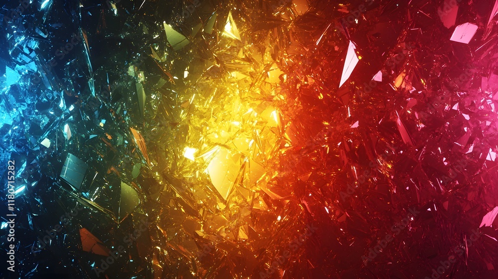 Poster striking abstract digital art featuring vibrant shattered glass effects with multicolored light refr