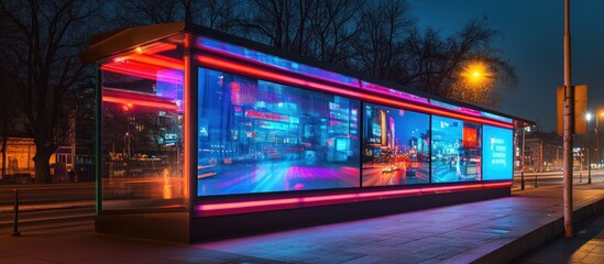Fototapeta premium Illuminated digital billboard at night showcasing vibrant cityscapes.