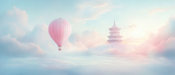 Fototapeta premium A pink hot air balloon is flying in the sky above a large building