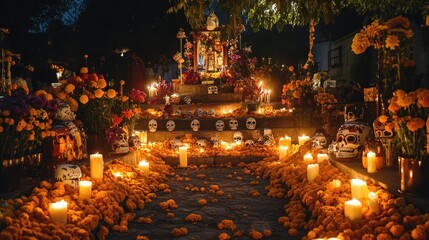 Obraz premium Day of the Dead altar with candles, skulls, and marigolds.