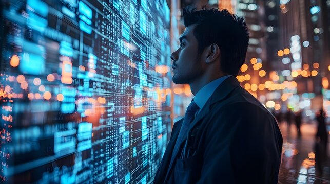 Digital finance professional or trader merged with real time market data and reflections of a modern city skyline at night showcasing the intersection of technology finance and the urban environment