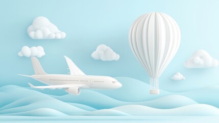 A white airplane is flying through the sky above a large white hot air balloon