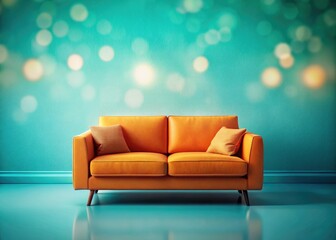 Miniature orange sofa against a turquoise wall; a tilt-shift 3D render showcasing interior design.
