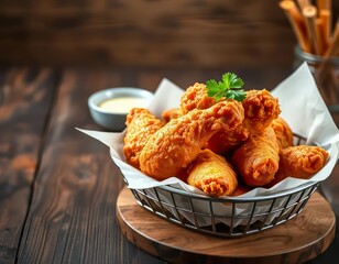 Close-up of a basket filled with golden-brown, crispy fried chicken pieces.