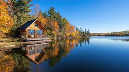Obraz premium Lakeside cabin reflecting in calm autumn lake.