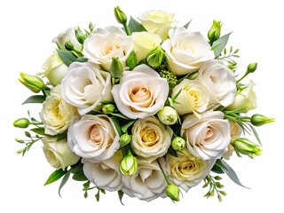 Overhead shot: elegant white roses and eustoma create a stunning floral arrangement.
