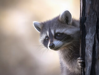 Curious raccoon peeking from behind a tree radiating innocence and charm in the soft natural light evoking a sense of playfulness and wonder while capturing the beauty of wildlife in its purest form