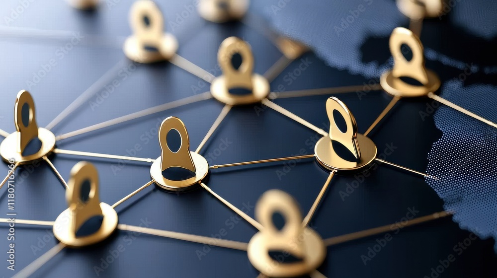 Poster gold connection symbols over dark network map background
