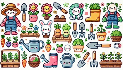 Gardening cute icon set. illustration white background	