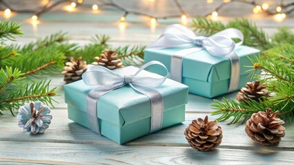 Pastel blue gift boxes, silver ribbons, and festive pine cones create a charming winter wonderland Christmas scene.