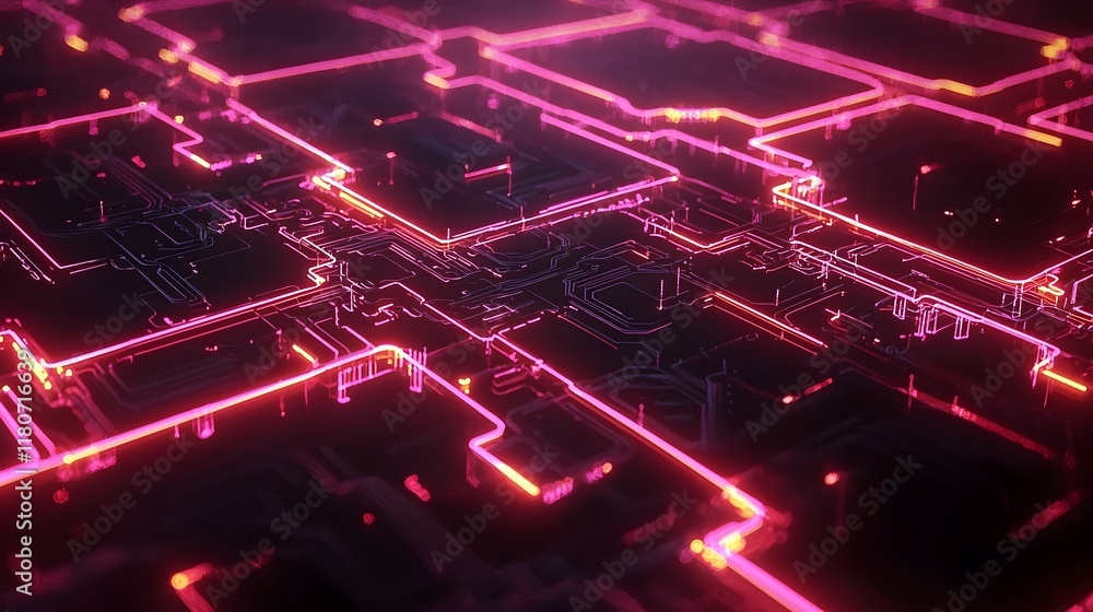 Poster intricate neon circuit design on a dark background depicting a futuristic and innovative technologic