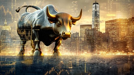A powerful golden hued bull statue standing tall amid a vibrant cityscape with gleaming skyscrapers reflected in the shimmering waters below as the sky glows in a breathtaking twilight display