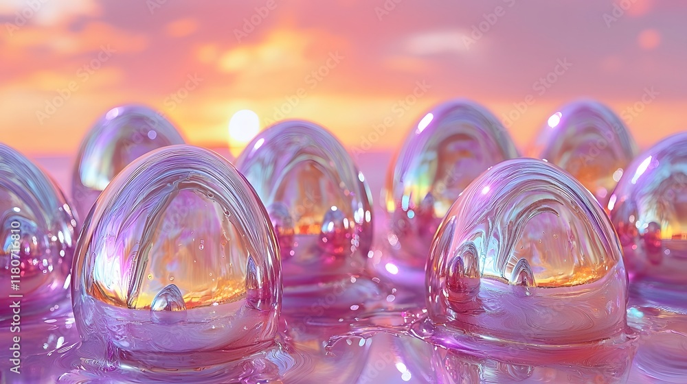 Poster surreal and futuristic liquid metal easter eggs shifting dynamically through a mesmerizing spectrum 