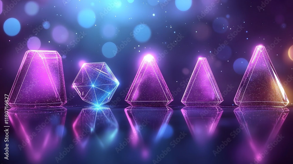 Poster visually captivating image featuring a collection of floating holographic geometric shapes with soft