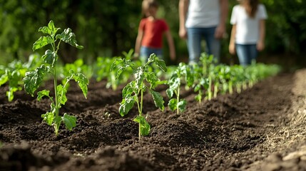 Freshly planted rows of lush green vegetables in a backyard garden setting with a family silhouetted in the background showcasing a healthy lifestyle and connection to nature