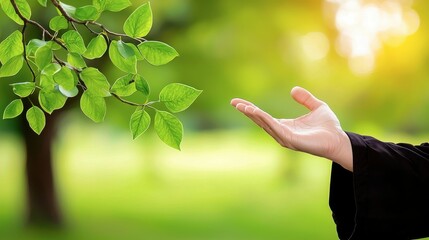 Hand Reaching for Fresh Green Leaves in a Soft Natural Setting