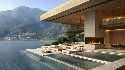 Fototapeta premium Modern Mountainside Villa 3D Illustration: Infinity Pool and Stunning Views