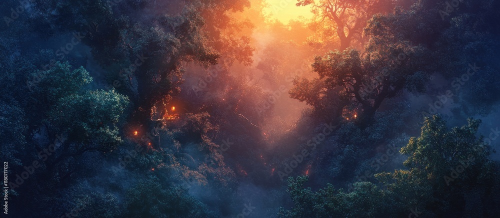 Poster enchanting sunset view of a mystical forest with glowing lights in the trees and fog.