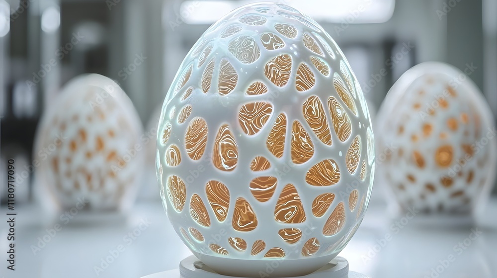 Poster iridescent holographic easter eggs with dynamic digital fractal patterns showcasing a futuristic and