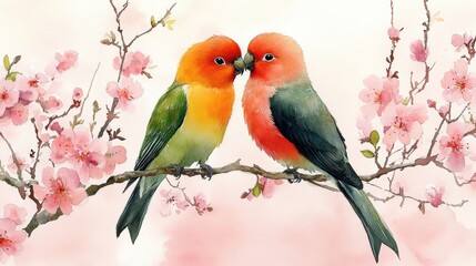Fototapeta premium Two Lovebirds in Watercolor Embrace Among Cherry Blossom Branches