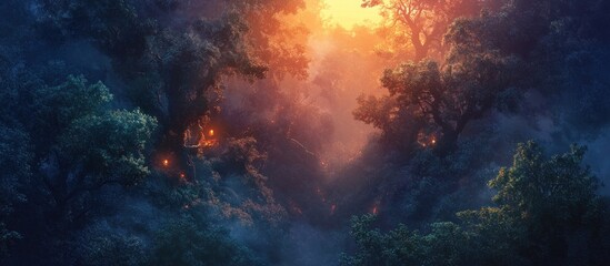 Fototapeta premium Enchanting sunset view of a mystical forest with glowing lights in the trees and fog.