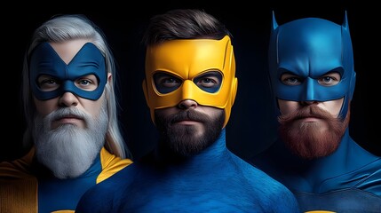 Three bearded men in superhero costumes.