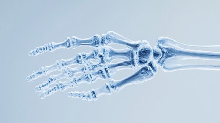 Close-up of a translucent human hand skeletal structure, showcasing intricate bone details against a light blue background.