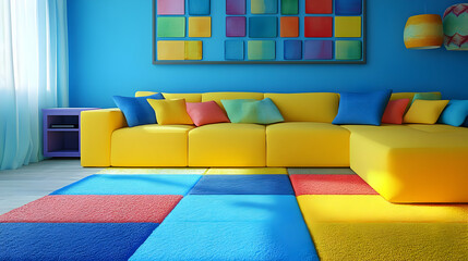 Vibrant Yellow Sofa in a Blue Room 3D Illustration
