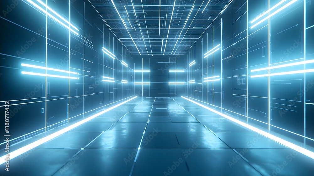 Poster futuristic illuminated digital grid with glowing blue and white lines in a 3d architectural renderin