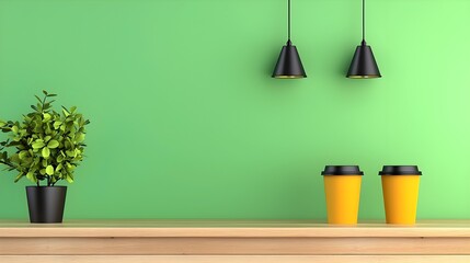 A modern and minimalist mockup showcasing a vibrant lime green wall with two stylish black pendant lights.