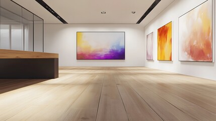 empty office with a large desk and a few pieces of abstract art hanging on the wall. The background is softly blurred