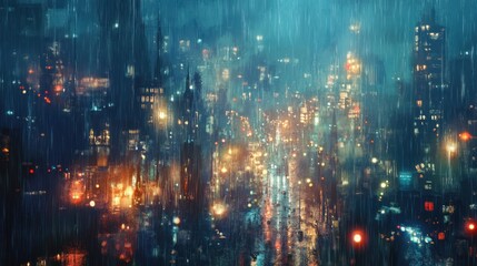 Fototapeta premium Rain-soaked cityscape at night, blurred lights and tall buildings.