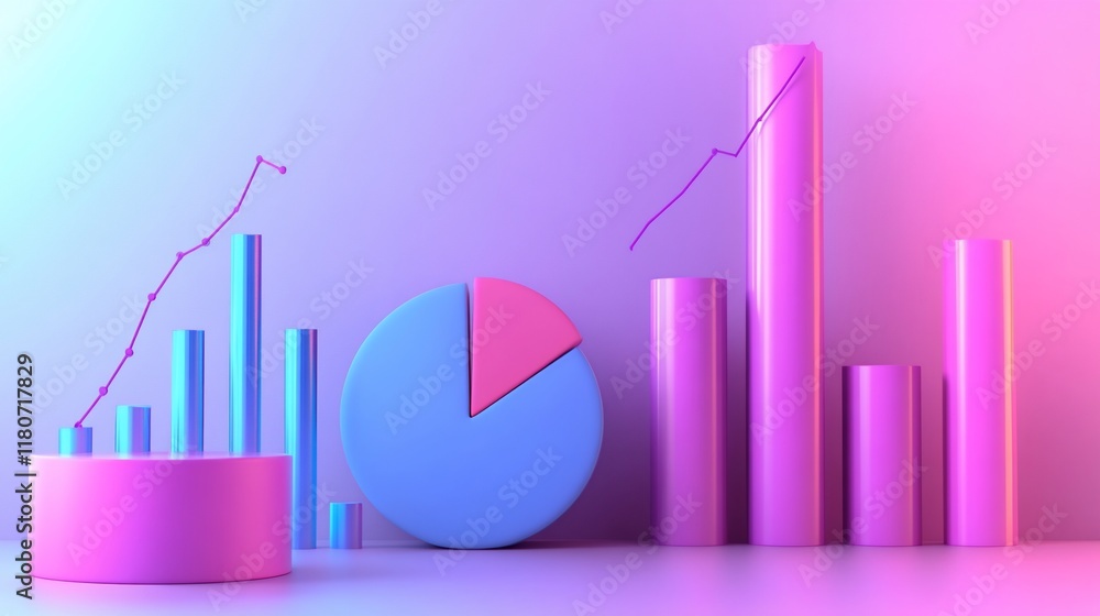 Poster 3d render of colorful bar and pie charts showing growth.