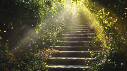 Sunlit stone steps in a vibrant flower garden.
