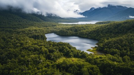 Aerial view of serene lake nestled in lush green forest and misty mountains.