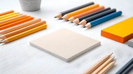 Obraz premium A high-angle, close-up view of various colored pencils, a square note pad, and a sticky note, all arranged on a light-colored, textured wooden surface.
