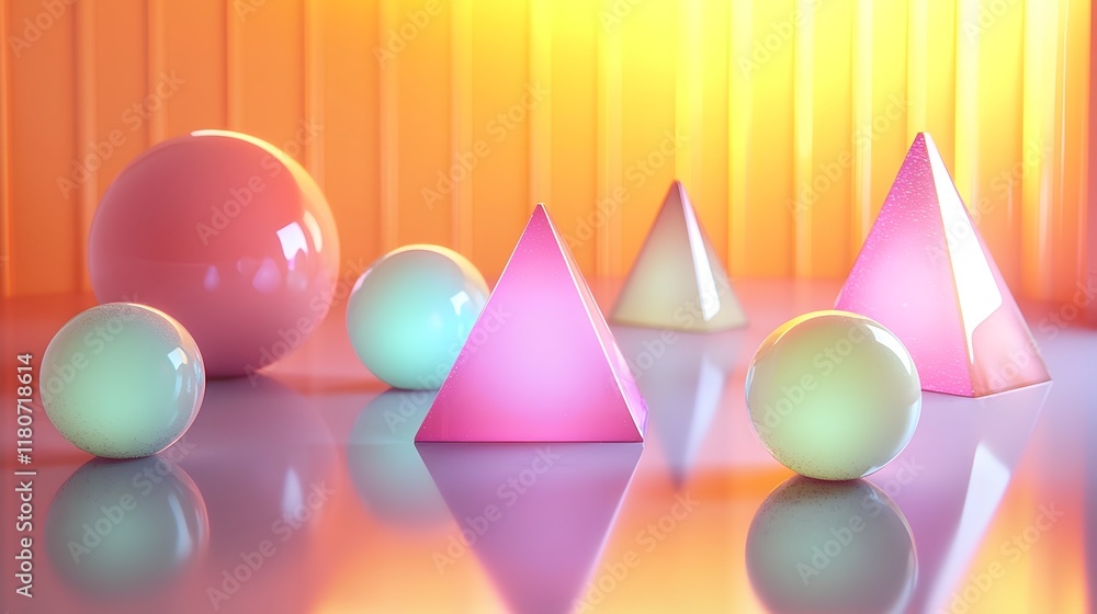 Poster floating holographic geometric shapes with soft glowing edges in a minimalist modern abstract digita