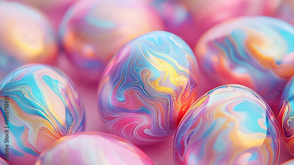 Poster futuristic easter eggs coated in a liquid metal shifting and evolving through a mesmerizing array of