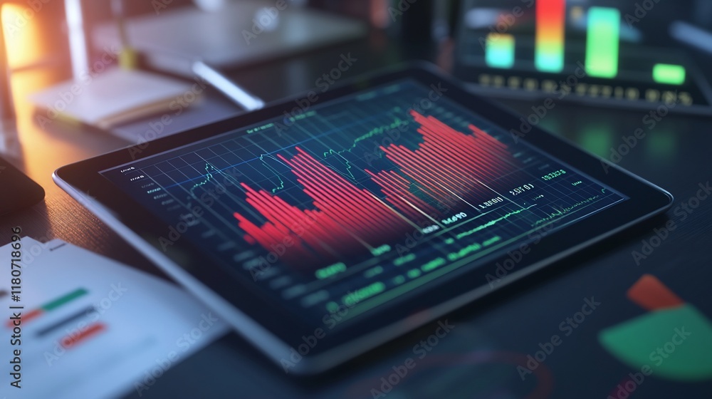 Aufkleber tablet displaying financial charts and graphs on a desk.