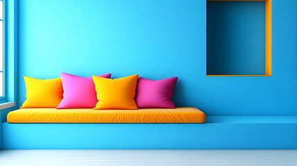 Vibrant 3D Room Illustration Orange Yellow Pink Pillows Blue Walls
